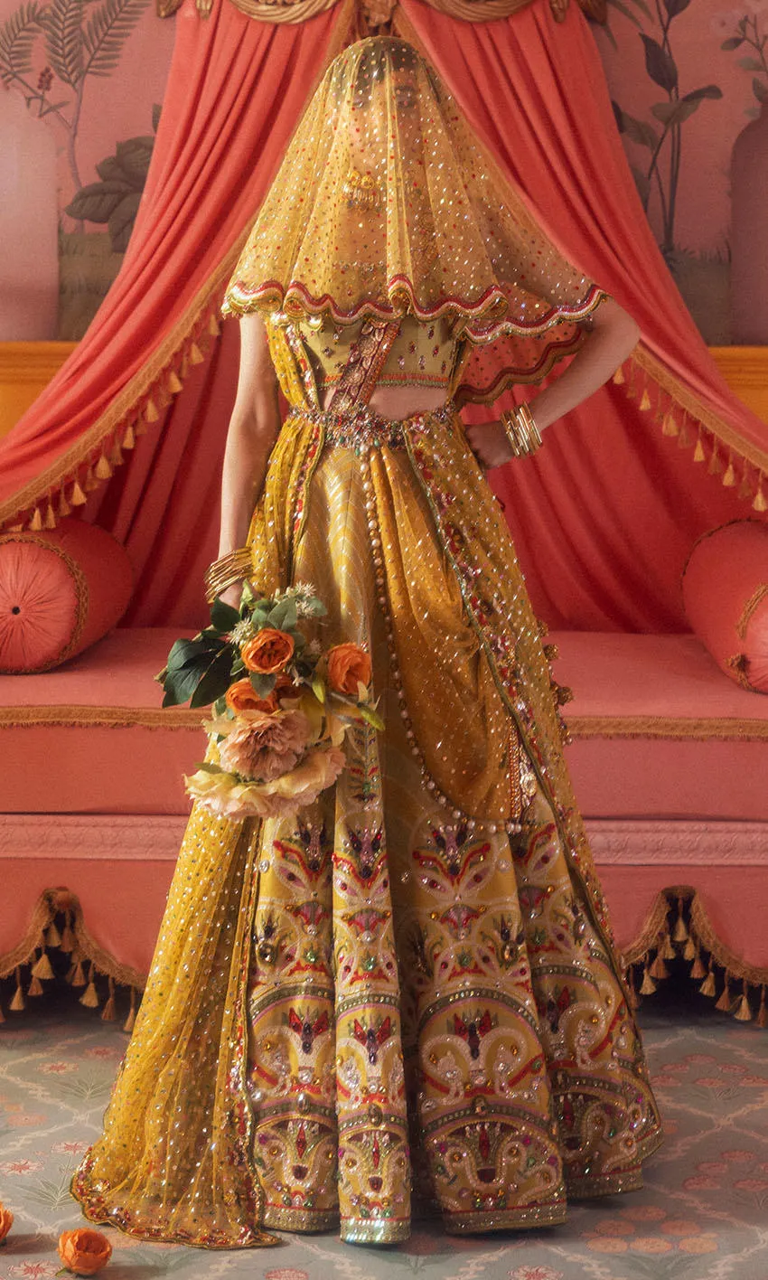 mustard yellow lehenga choli gemstone Resham hand embroidery detail Hammad Bespoke Official