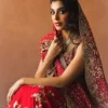 Red silk bridal lehenga — Master Artisan Zardozi and pearl dupatta detail, floral embroidery, Hammad Bespoke Official Multan