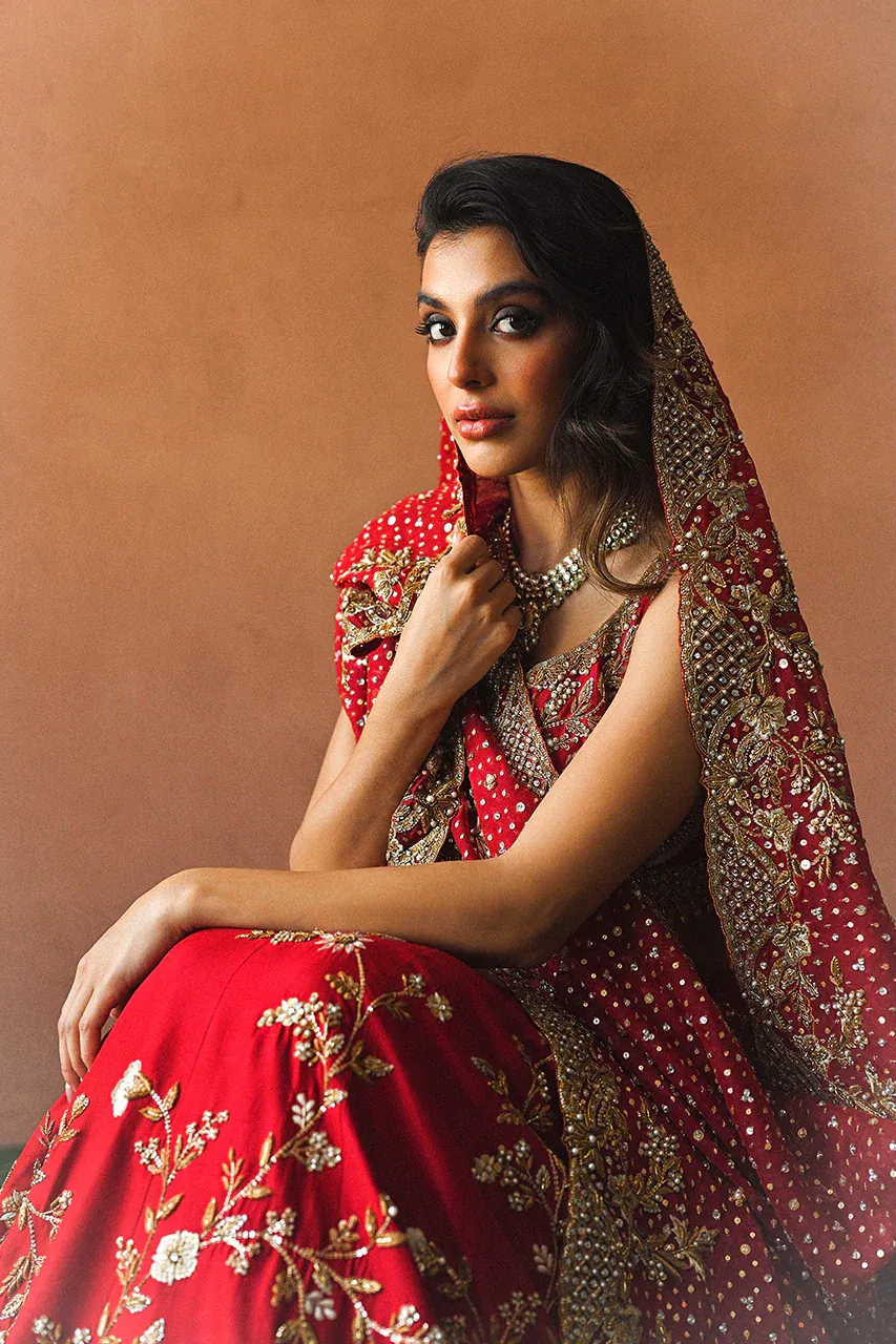 Red silk bridal lehenga — Master Artisan Zardozi and pearl dupatta detail, floral embroidery, Hammad Bespoke Official Multan