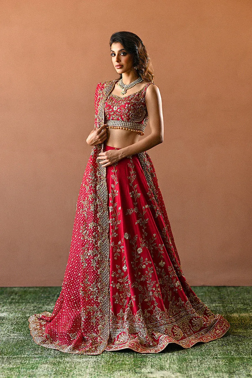 Candy red silk bridal lehenga choli — Zardozi sequin pearl embroidery, flared skirt, organza dupatta, Hammad Bespoke Official