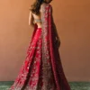 Candy red raw silk bridal lehenga back view — Zardozi floral embroidery, peacock hem, organza dupatta, Hammad Bespoke Official