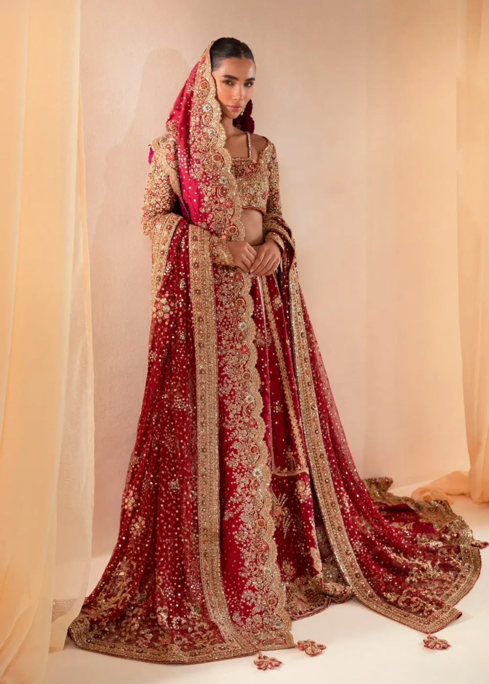 velvet bridal lehenga for wedding Barat — full Zardozi and Tilla border work, cathedral train — HBO Atelier
