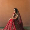 Silk bridal lehenga with train — candy red raw silk, peacock border, Zardozi embroidery, Multan Atelier Hammad Bespoke Official