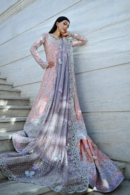 walima outfit open-front peshwas rose quartz lilac dupatta gota border butterfly motifs Hammad Bespoke Official