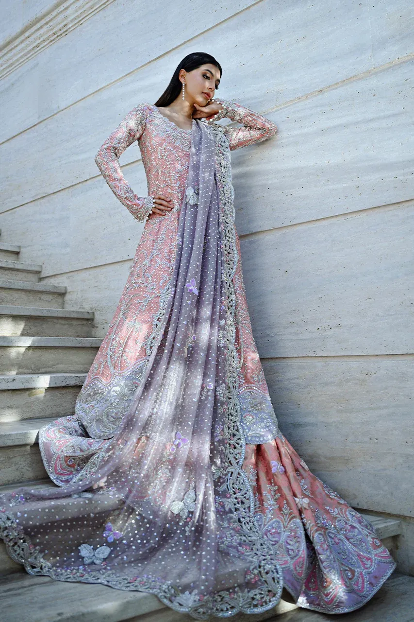 walima outfit open-front peshwas rose quartz lilac dupatta gota border butterfly motifs Hammad Bespoke Official