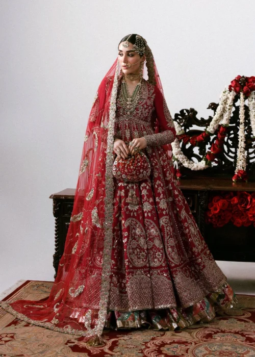 Zarin Mahal – Carmine red raw silk pishwash bridal lehenga for barat USA by Hammad Bespoke Official | Bespoke Barat Bridal