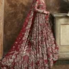 Full-length front three-quarter red net peshwas lehenga with embroidered dupatta — Hammad Bespoke Official Barat couture