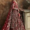 Side profile red net bridal lehenga full length — dense gold Zardozi floral motifs, Hammad Bespoke Official Multan