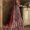 Full-length back view deep red net peshwas lehenga with embroidered dupatta train — Hammad Bespoke Official Barat bridal