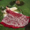Deep red net bridal lehenga train spread on garden lawn — full Zardozi coverage, Hammad Bespoke Official Barat collection