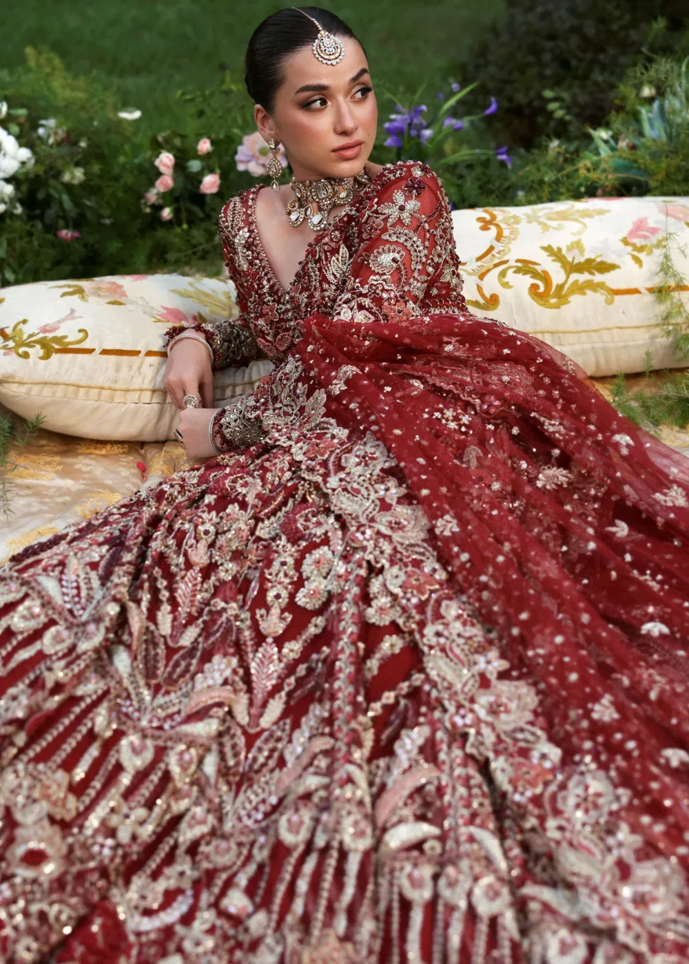 Deep red net bridal lehenga with gold Zardozi floral embroidery — Barat commission, Hammad Bespoke Official Multan Atelier