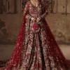 Front full-length red lehenga for wedding — crimson net peshwas with Zardozi Nakshi Tilla embroidery, Hammad Bespoke Official