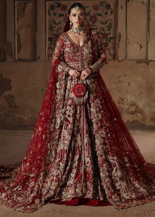 Front full-length red lehenga for wedding — crimson net peshwas with Zardozi Nakshi Tilla embroidery, Hammad Bespoke Official