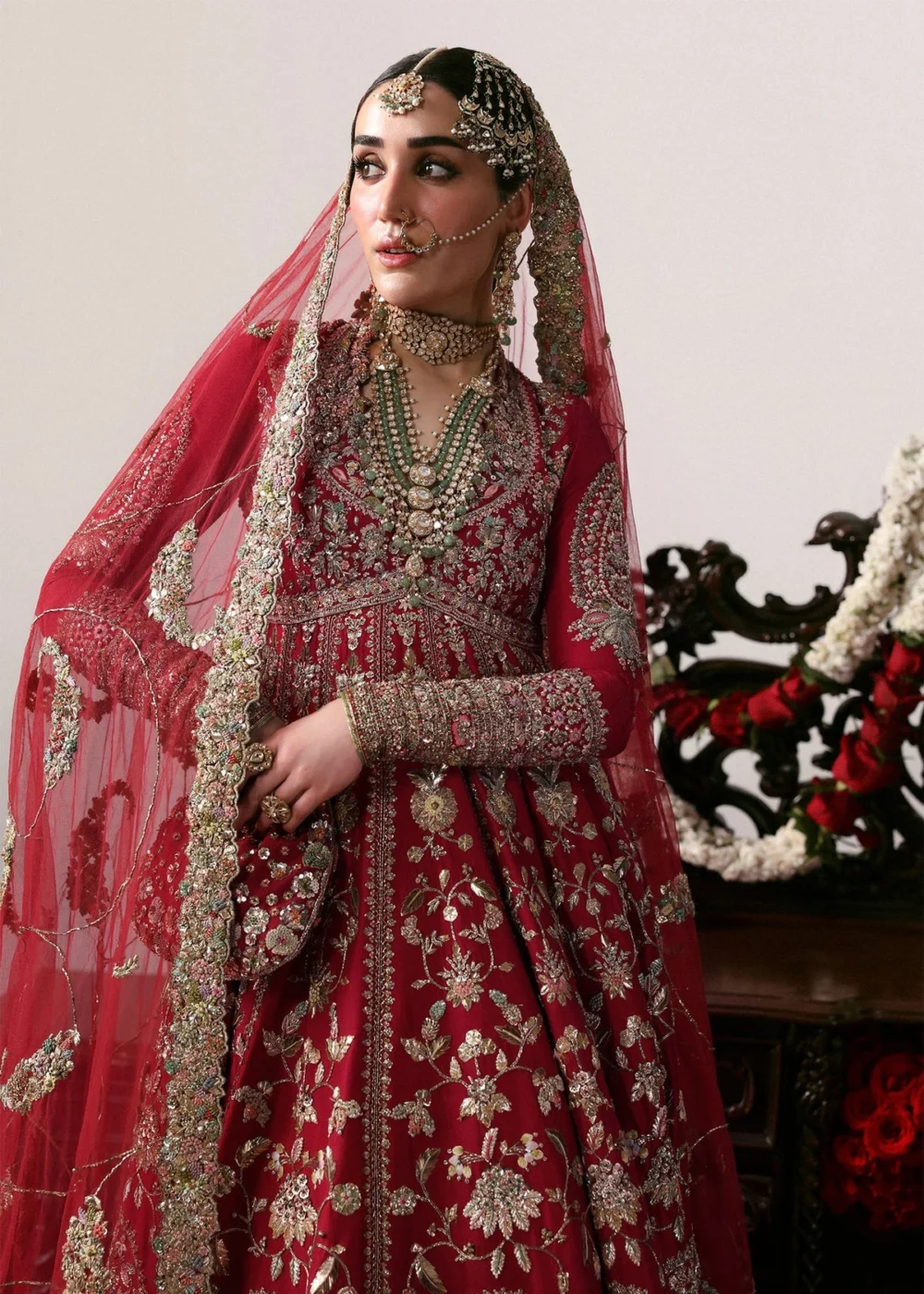 arin Mahal close-up – gold zardozi & resham hand embroidery on carmine raw silk bridal pishwash | HBO Atelier