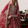 arin Mahal close-up – gold zardozi & resham hand embroidery on carmine raw silk bridal pishwash | HBO Atelier