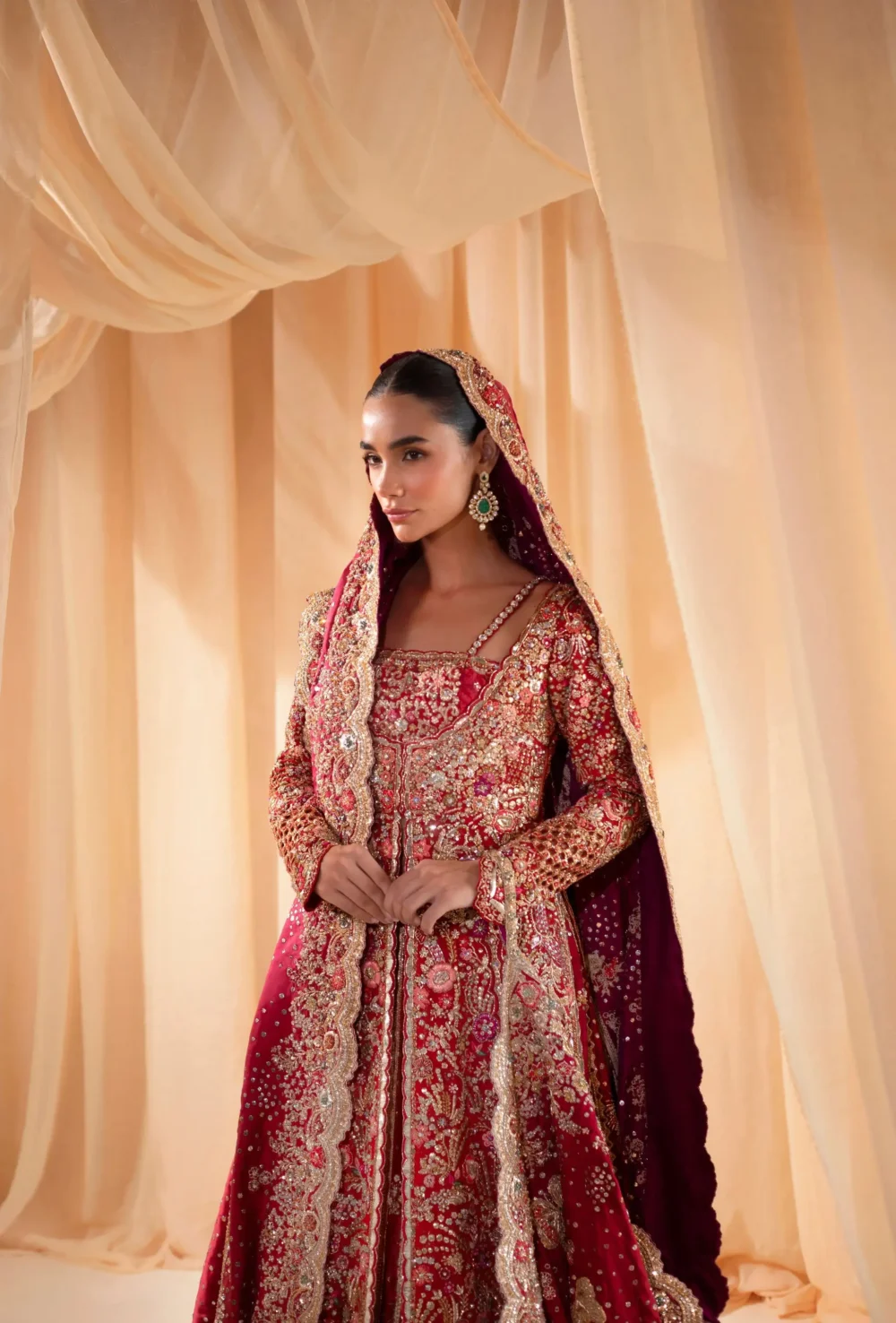Red bridal lehenga Pakistani angrakha choli with gold Zardozi border — Hammad Bespoke Official Multan Atelier