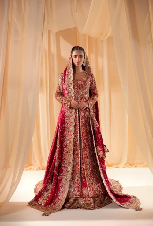 red bridal lehenga Pakistani Full-length angrakha style with cathedral train and gold Nakshi dupatta — HBO Atelier