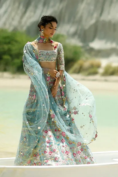 blue lehenga ice tissue floral jaal gota resham nikkah Hammad Bespoke Official back view