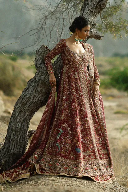 maroon bridal lehenga open front silhouette crimson net florals brocade lehenga Hammad Bespoke Official