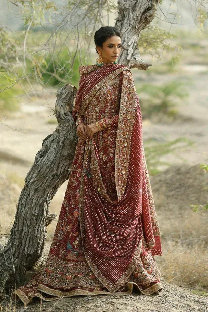 maroon bridal lehenga cotton net dupatta sequin Zardozi border barat gown Hammad Bespoke Official
