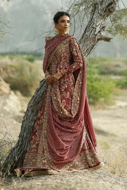 maroon bridal lehenga full length brocade skirt Zardozi Resham bouquets cutwork hem Hammad Bespoke Official