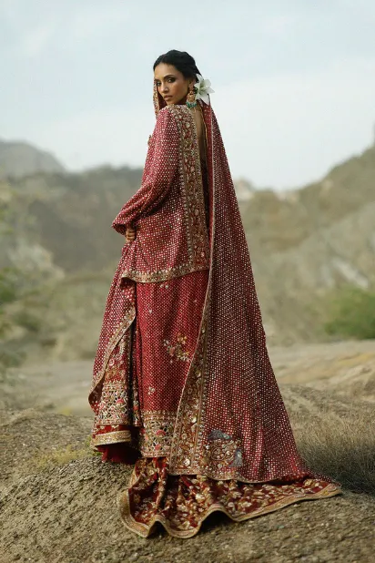 maroon bridal lehenga back view cotton net peshwas full sleeve botanical jaal Hammad Bespoke Official