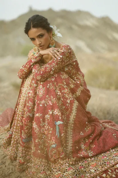 maroon bridal lehenga crimson cotton net peshwas Zardozi Tilla Resham jaal Hammad Bespoke Official