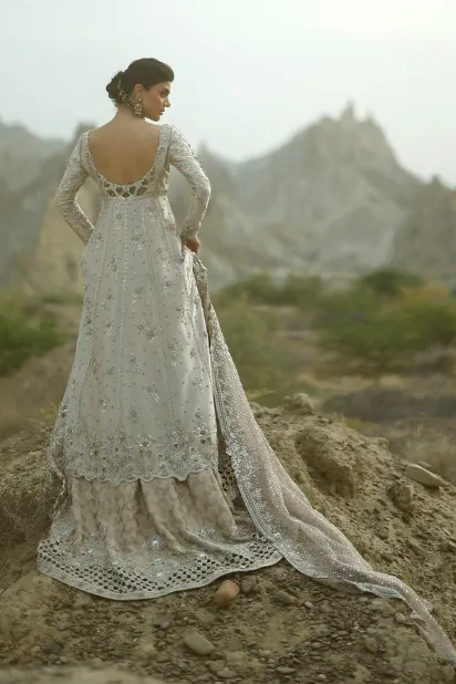 silver lehenga open back peshwas cutwork hem brocade lehenga walima gown Hammad Bespoke Official
