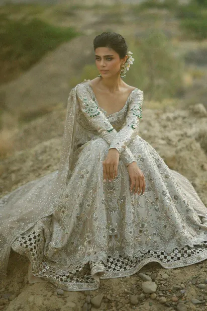 silver lehenga platinum tissue peshwas Zardozi embroidery walima bridal Hammad Bespoke Official