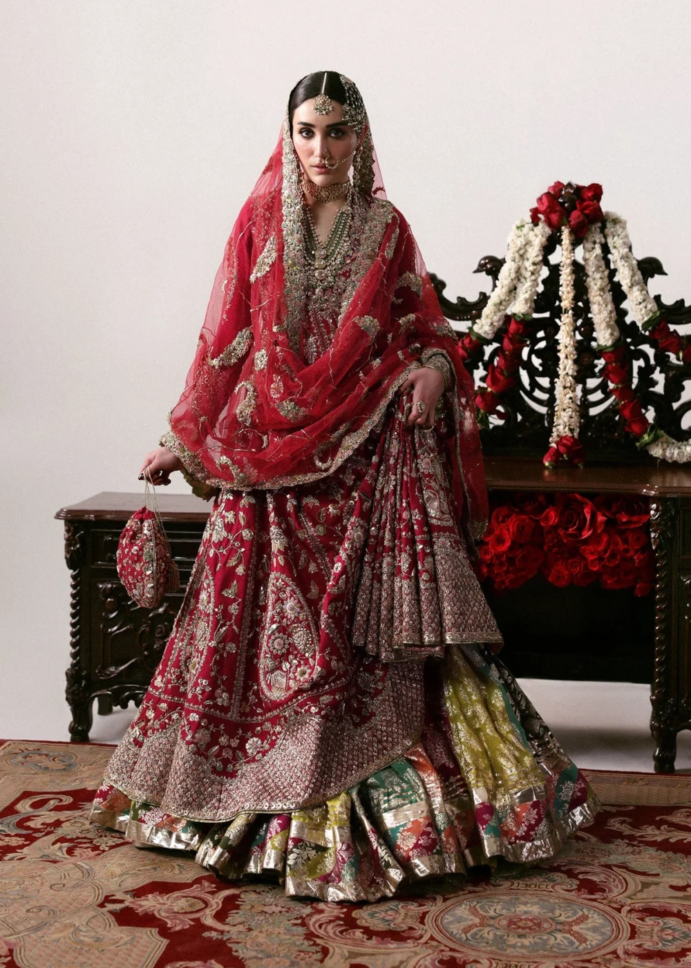 Zarin Mahal – Carmine red raw silk pishwash bridal lehenga for barat USA by Hammad Bespoke Official | Bespoke Barat Bridal