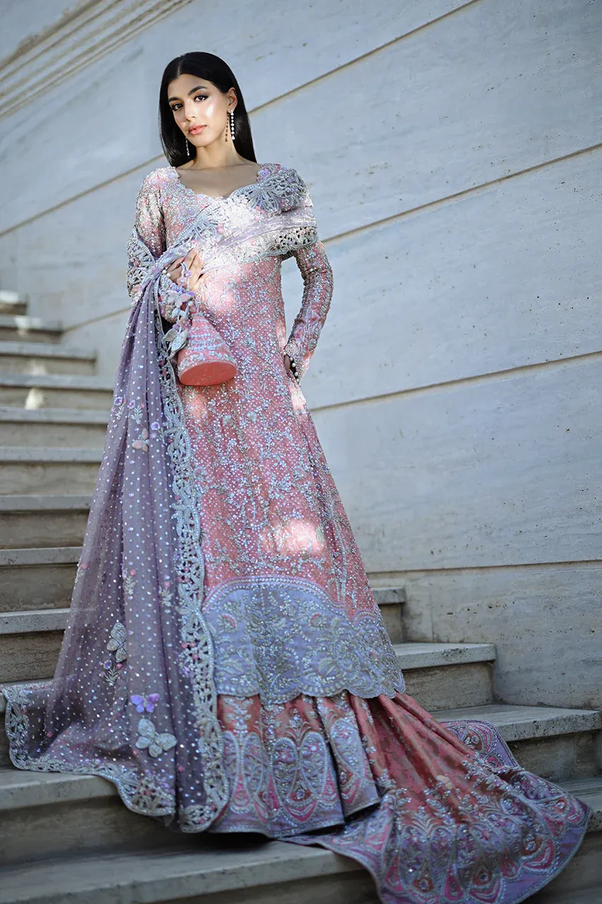 walima outfit blush rose quartz lehenga brocade lilac appliqué hem resham butterfly Hammad Bespoke Official