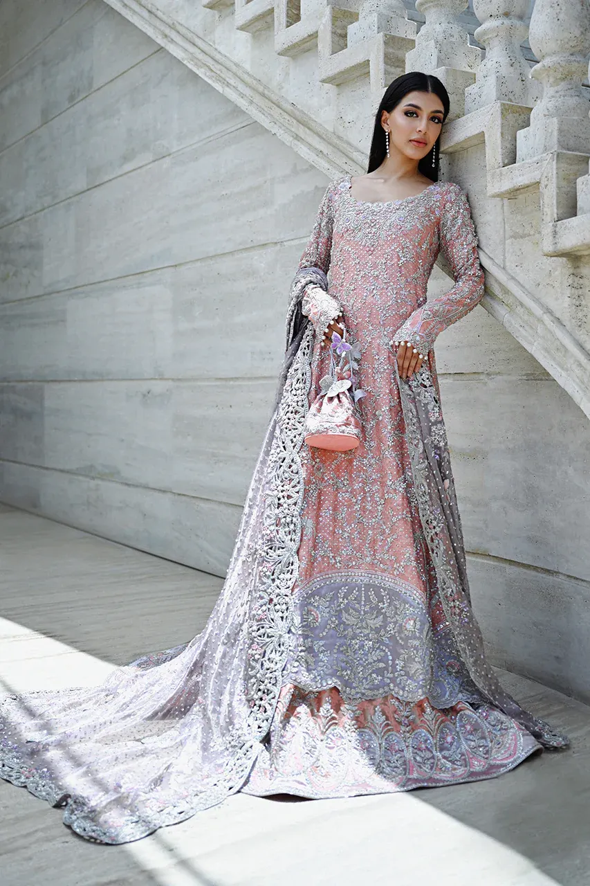 walima outfit rose quartz peshwas lilac tissue dupatta scalloped cutwork butterfly bridal Hammad Bespoke Official