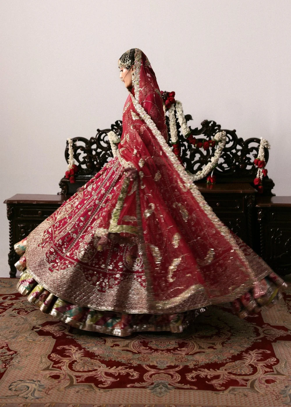 Zarin Mahal – Carmine red raw silk pishwash bridal lehenga for barat USA by Hammad Bespoke Official | Bespoke Barat Bridal