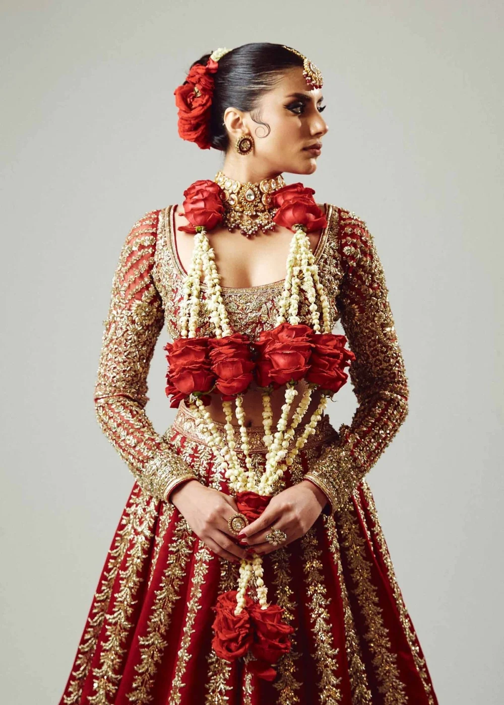 Fasanay Shahi detail shot – resham nakshi and dabka hand embroidery on red satin bridal lehenga | HBO