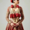 Fasanay Shahi detail shot – resham nakshi and dabka hand embroidery on red satin bridal lehenga | HBO