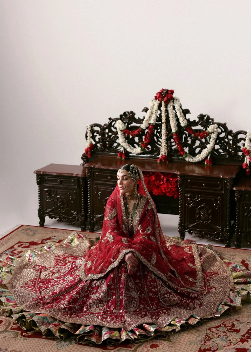 Zarin Mahal – Carmine red raw silk pishwash bridal lehenga for barat USA by Hammad Bespoke Official | Bespoke Barat Bridal