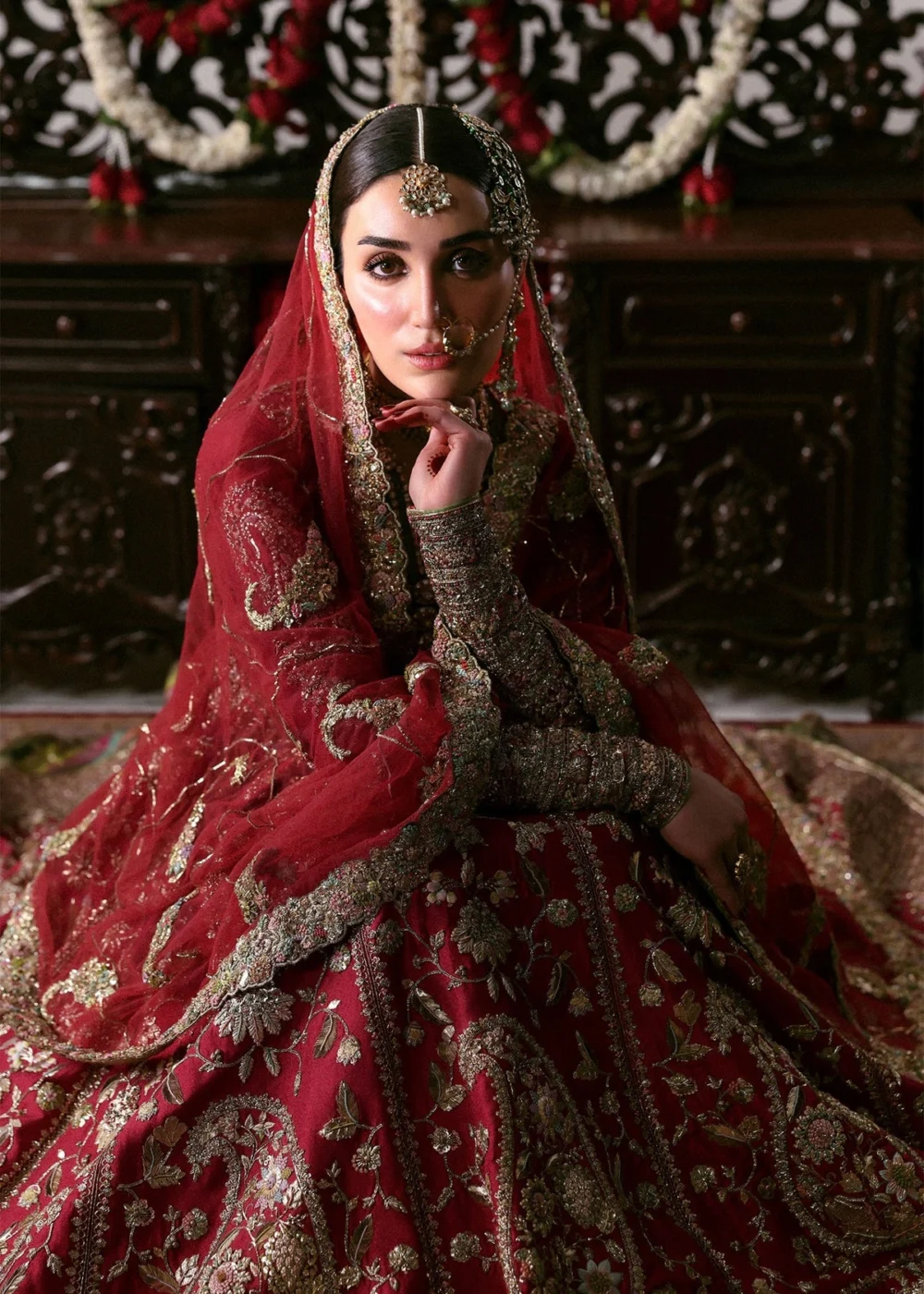 arin Mahal close-up – gold zardozi & resham hand embroidery on carmine raw silk bridal pishwash | HBO Atelier