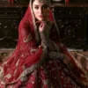 arin Mahal close-up – gold zardozi & resham hand embroidery on carmine raw silk bridal pishwash | HBO Atelier