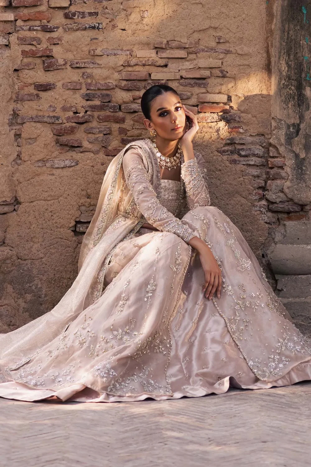 champagne-tissue-lehenga-nikkah-outfit-for-bride-khadi-zari-dupatta-hammad-bespoke-official.webp bridal dresses for nikkah khadi zari dupatta Hammad Bespoke Official