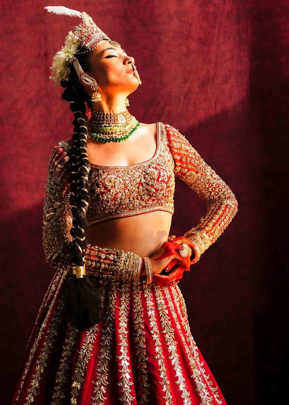 Fasanay Shahi close-up – adda work sequin and buggle bead embroidery on carmine red satin lehenga | HBO Atelier