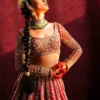 Fasanay Shahi close-up – adda work sequin and buggle bead embroidery on carmine red satin lehenga | HBO Atelier