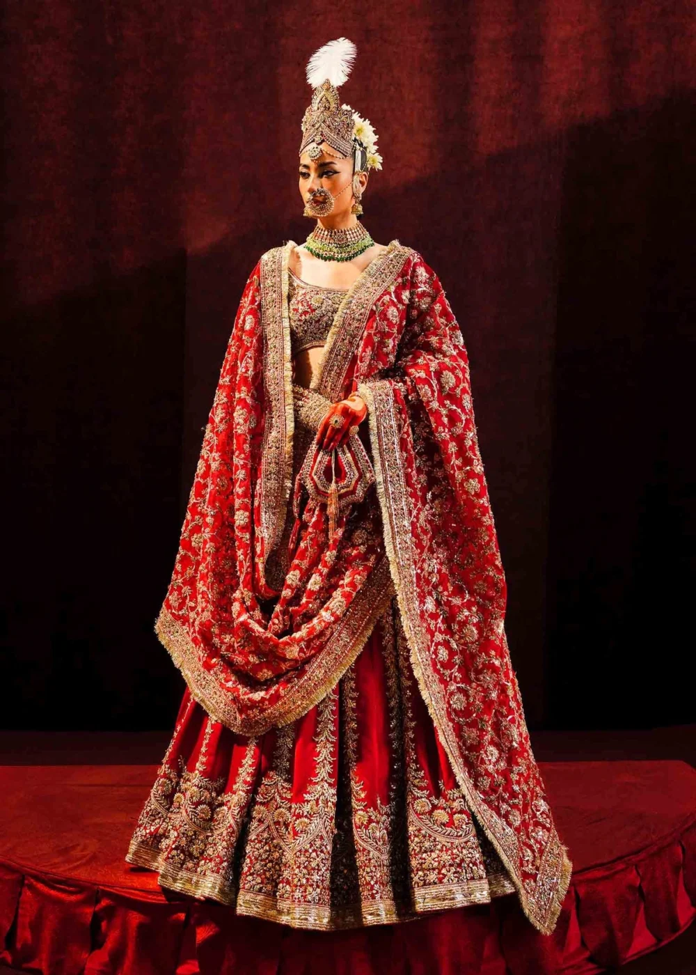 Fasanay Shahi close-up – adda work sequin and buggle bead embroidery on carmine red satin lehenga | HBO Atelier