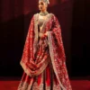 Fasanay Shahi close-up – adda work sequin and buggle bead embroidery on carmine red satin lehenga | HBO Atelier