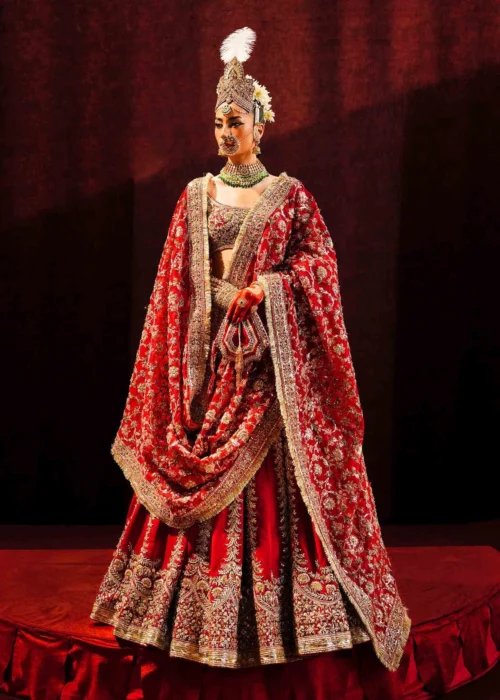 Fasanay Shahi close-up – adda work sequin and buggle bead embroidery on carmine red satin lehenga | HBO Atelier