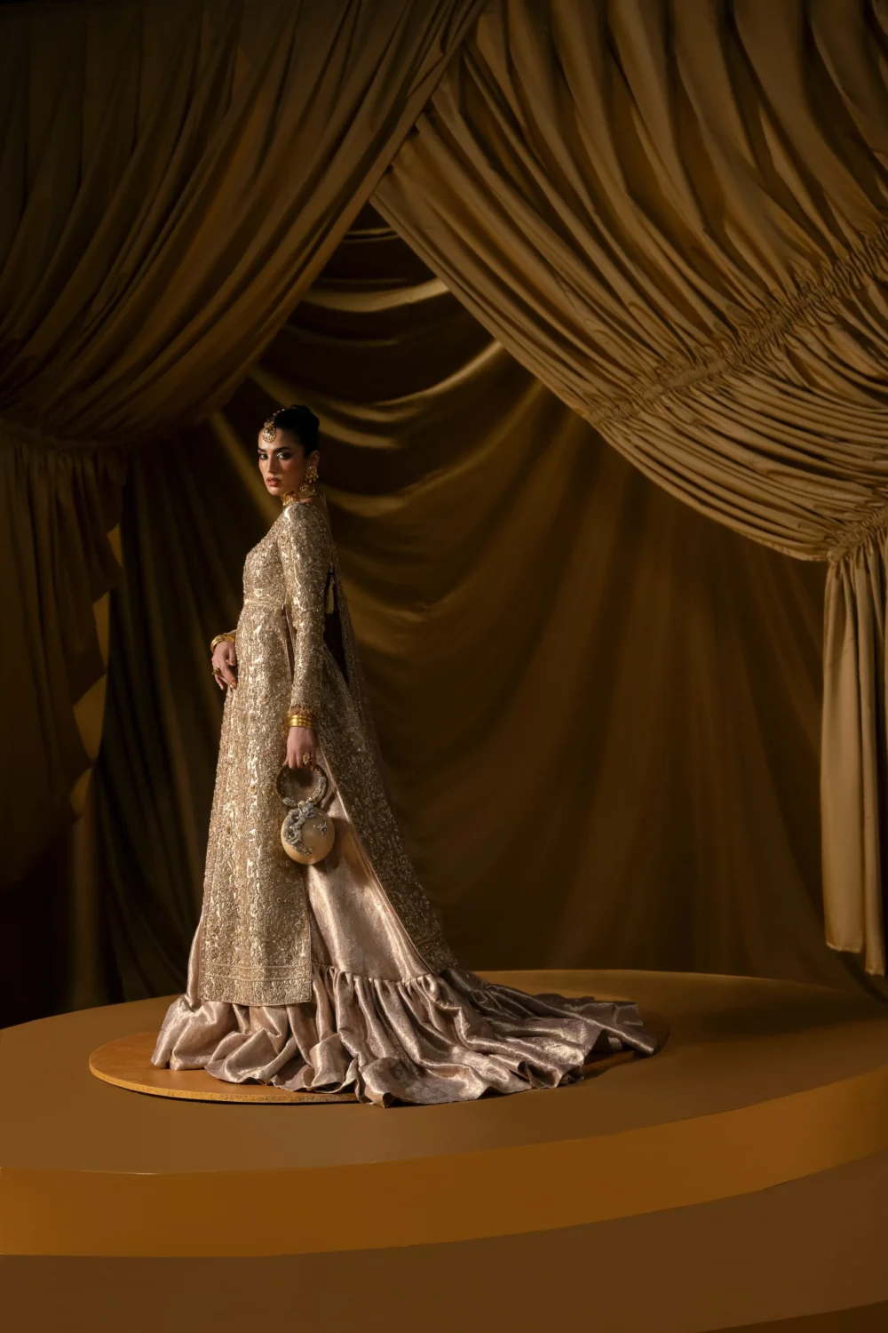 champagne gold tissue anarkali lehenga Zardozi Dabka bridal barat Hammad Bespoke Official