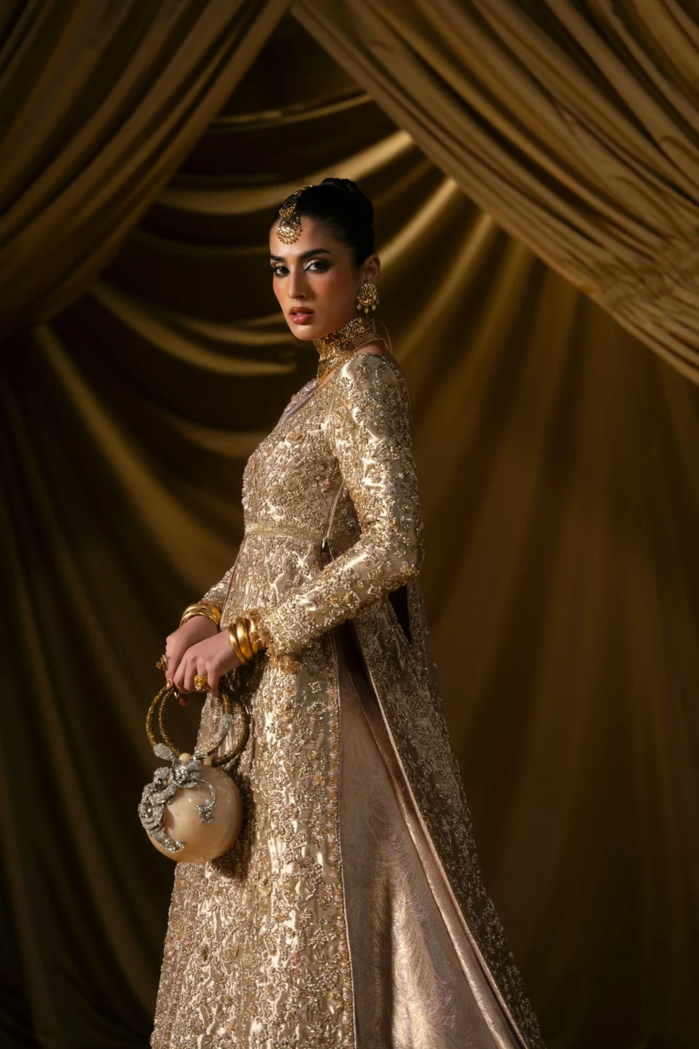 champagne gold tissue anarkali lehenga Zardozi Dabka bridal barat Hammad Bespoke Official