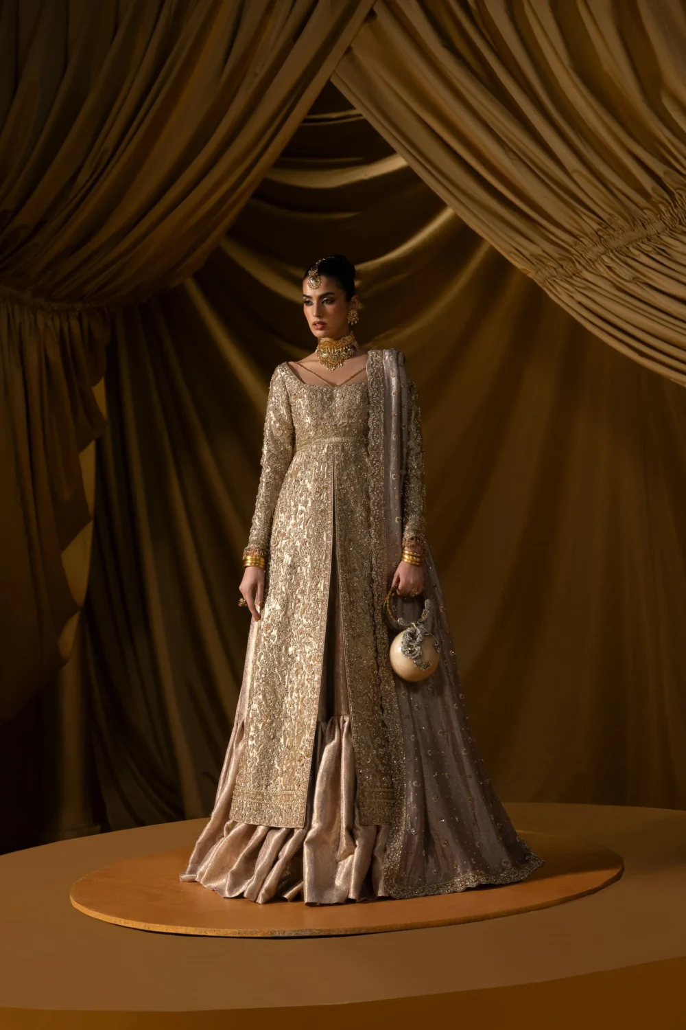 champagne tissue anarkali lehenga atlas skirt lilac dupatta barat bridal Hammad Bespoke Official