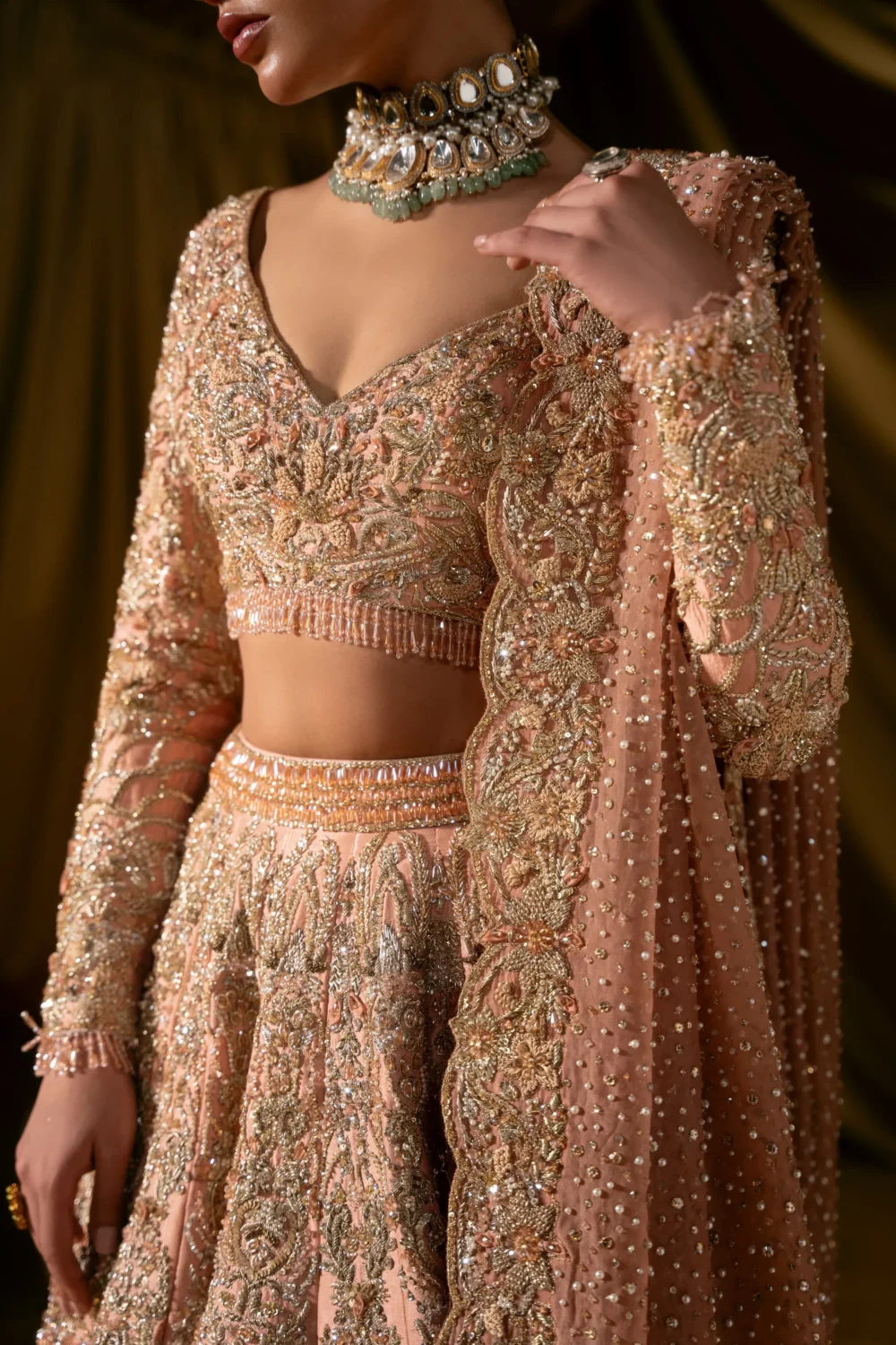 blush peach pink lehenga bridal Zardozi Dabka embroidery close detail Hammad Bespoke Official