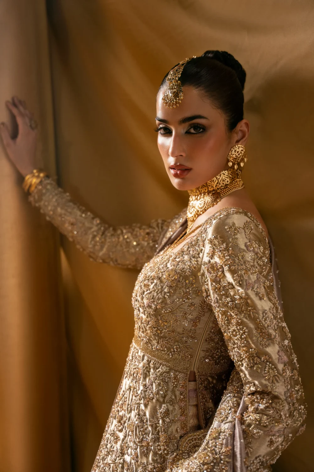 champagne satin tissue bridal anarkali close up Zardozi Dabka Master Artisan Hammad Bespoke Official