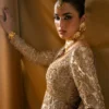 champagne satin tissue bridal anarkali close up Zardozi Dabka Master Artisan Hammad Bespoke Official